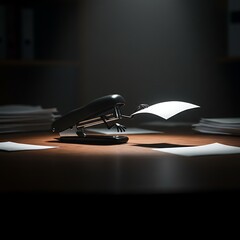 Focused and dramatically lit, this stapler seems to come alive on a dark desk, diligently processing paperwork.