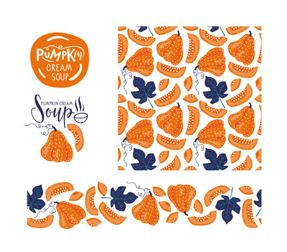 Pumpkin cream soup logo and seamless patterns for packaging. Season design with pumpkin vegetables. Special autumn offer for cafe or restaurant menu, Advertising, packaging, wallpaper.