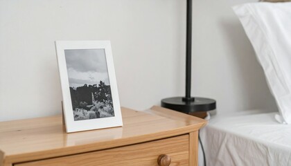 Black and White Photo Frame on Wooden Nightstand with Lamp