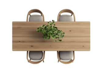 Top view of dining table with chairs on transparent background, cutout.
