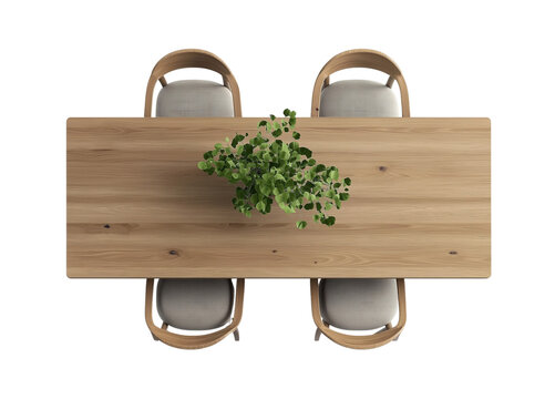 Top view of dining table with chairs on transparent background, cutout.