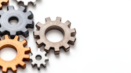 Gears in various colors and sizes arranged on white background, symbolizing mechanical engineering and automation