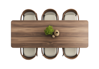 Top view of dining table with chairs on transparent background, cutout.