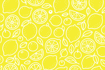 Yellow lime and lemon illustrations with white outlines repeat rhythmically in a seamless doodle pattern ideal for textiles or digital prints.

