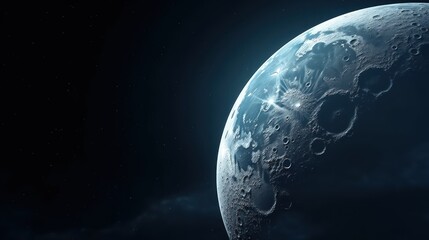 Obraz premium A blue and white lunar surface with craters and a bright star in the background.