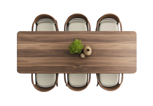 Top view of dining table with chairs on transparent background, cutout.