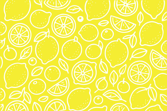 Yellow lime and lemon illustrations with white outlines repeat rhythmically in a seamless doodle pattern ideal for textiles or digital prints.

