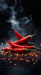 Spicy red chili peppers on a black surface with smoke and flakes