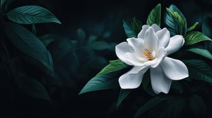 A pristine white gardenia blooms elegantly amidst lush dark green foliage, its delicate petals illuminated against a deep shadowy background in a calming scene.