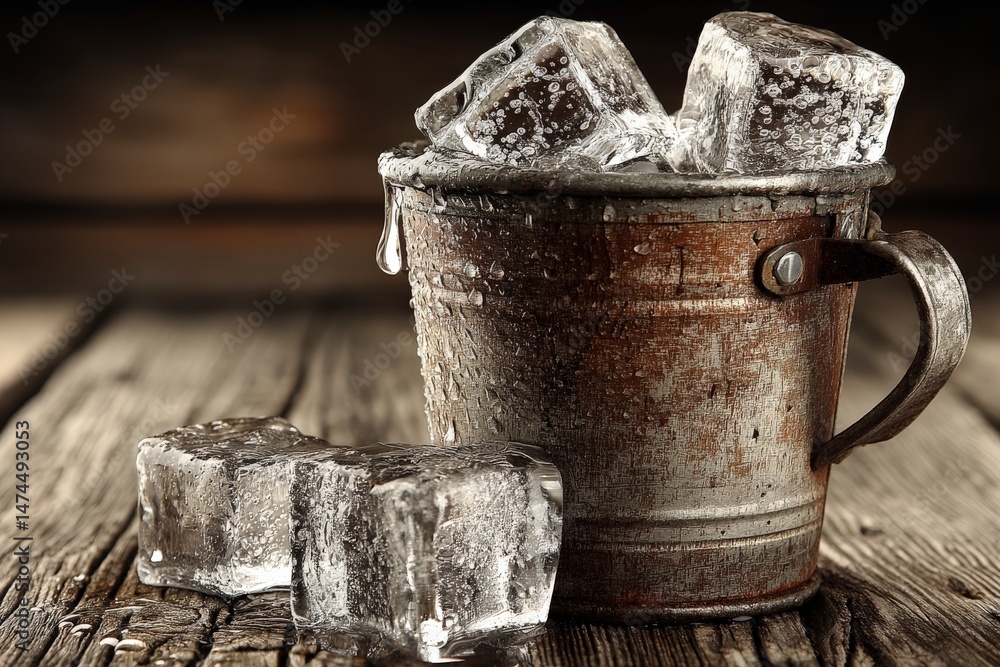 Aufkleber metal bucket filled with ice cubes on wooden surface creates a rustic ambiance in a cozy setting