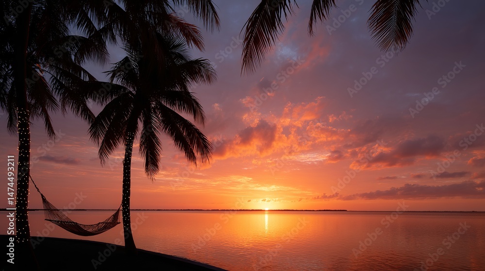 Aufkleber a serene sunset view by the beach with palm trees and a hammock. the warm colors create a relaxing a