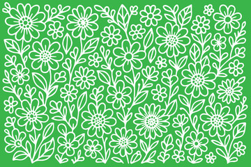 Vector background features green flowers and leaves outlined in white, arranged in a seamless doodle pattern suitable for fabric, paper, or web design.

