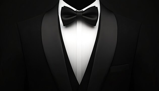 Black tuxedo with white dress shirt and bow tie on black background.