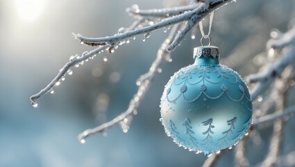 Shiny blue Christmas ornament hanging on a snow-dusted fir tree branch, reflecting the winter holiday celebration