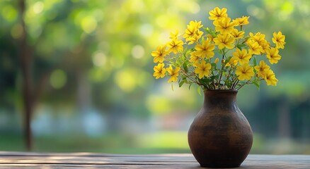 The combination of the brown ceramic vase and yellow flowers is placed on an old wooden table, with blurred green trees in the background