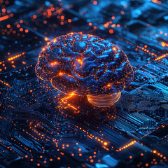 A glowing brain composed of lines and lights is on top of a circuit board background.