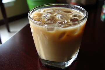 Iced coffee beverage served in a clear glass with ice in a cozy indoor setting during afternoon hours