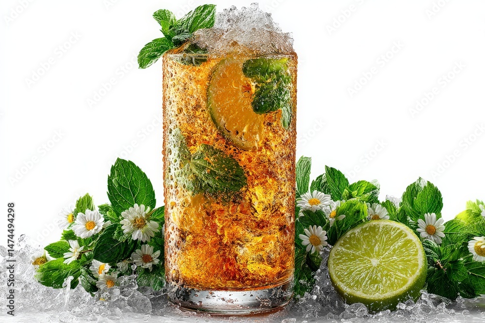 Poster refreshing drink with mint and lime served over ice in a clear glass surrounded by greenery
