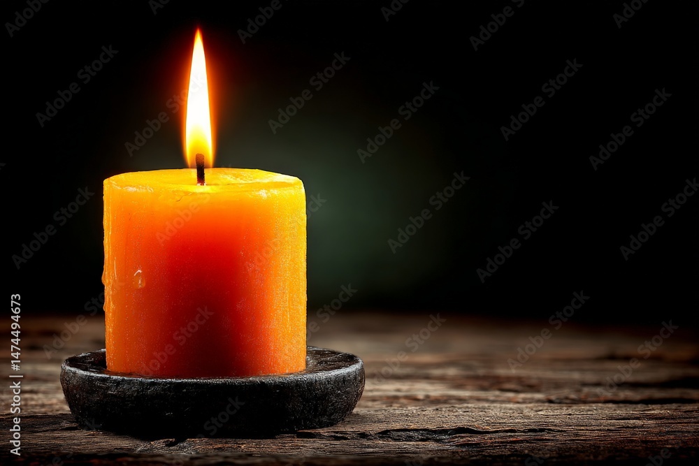 Aufkleber warm orange candle flickers softly on a rustic wooden surface in a darkened setting