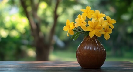 The combination of the brown ceramic vase and yellow flowers is placed on an old wooden table, with blurred green trees in the background