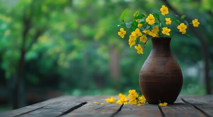The combination of the brown ceramic vase and yellow flowers is placed on an old wooden table, with blurred green trees in the background
