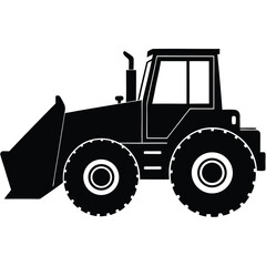 Naklejka premium Black silhouette showcases a heavy construction front loader with large wheels for earthmoving work