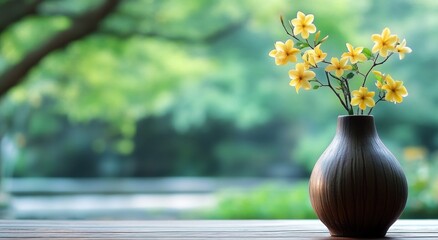 The combination of the brown ceramic vase and yellow flowers is placed on an old wooden table, with blurred green trees in the background