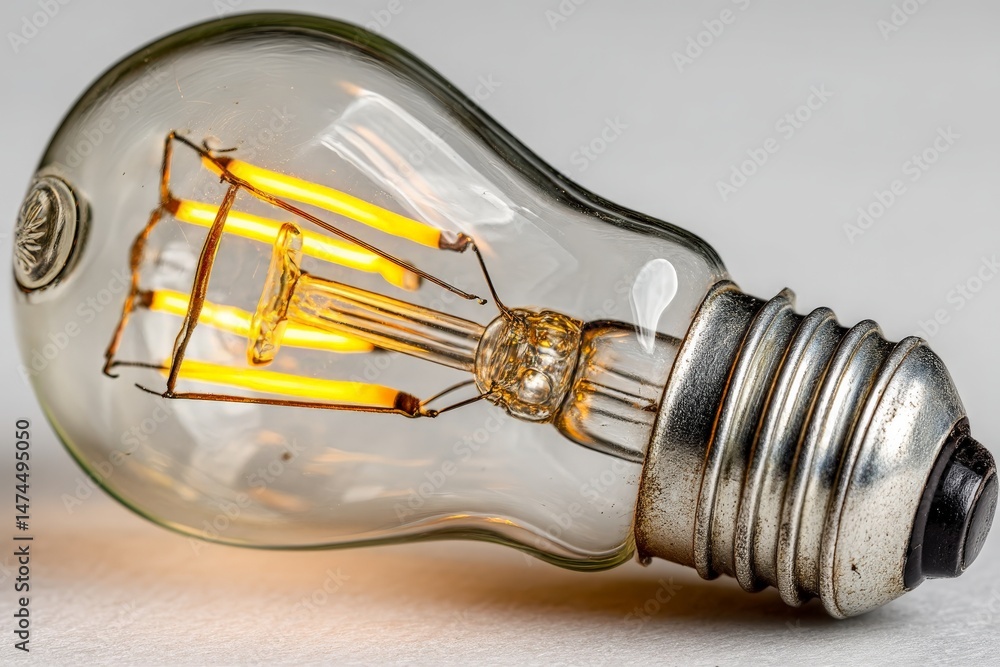 Poster vintage light bulb illuminated showcasing filament design and texture with warm glow on a neutral ba