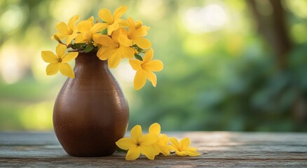 The combination of the brown ceramic vase and yellow flowers is placed on an old wooden table, with blurred green trees in the background