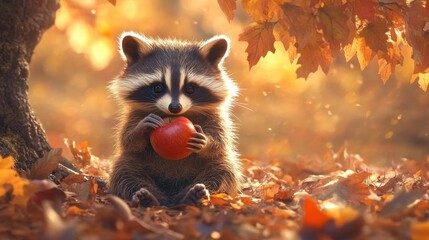 Cute Raccoon Eating an Apple in Autumn.
