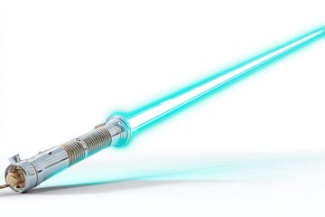 Fototapeta premium Futuristic glowing weapon displayed with striking blue beam in a minimalist white background