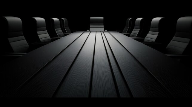 Fototapeta A modern conference room featuring a sleek dark wood table surrounded by leather chairs, Ideal for corporate presentations, meetings, or discussions emphasizing professionalism and sophistication,