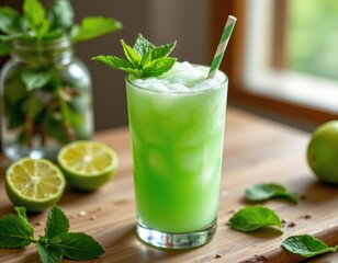 Fototapeta premium a mojito inspired mint and lime slushy, sparkling in a pastel green tone