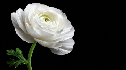 An exquisite white ranunculus flower with delicate layers of petals unfurls against a stark black backdrop, highlighting its elegant beauty and intricate details.