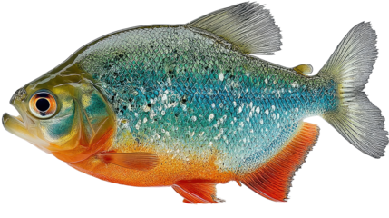 Red-Bellied Piranha: A captivating portrait of a Red-bellied Piranha, its iridescent scales gleaming under the water's surface, revealing vibrant colors and a predatory gaze.