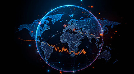Abstract Global Data Network – Financial Market Trends, Digital Connectivity, Futuristic Visualization with Glowing Blue and Orange Elements, Dark Background – Generative AI