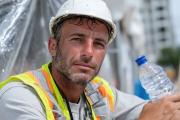 A close-up of a construction worker taking a break on a sunny day, showcasing determination, sweat, and hard work in a challenging environment.