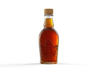 A bottle of maple syrup with a maple leaf etched into the glass. Rich amber color.