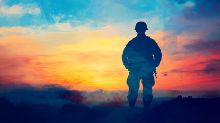 Soldier silhouette at sunset honoring military veterans memorial day