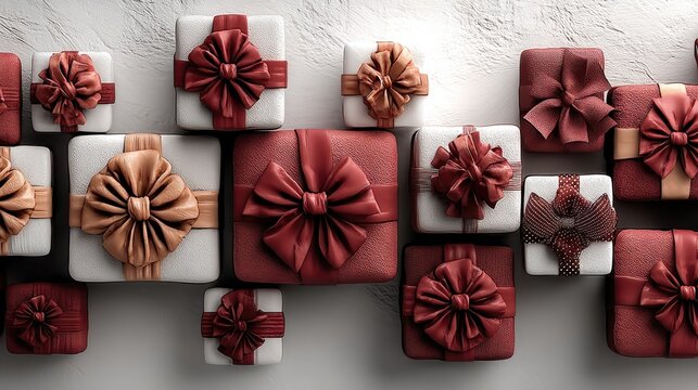 a white background with red bows and red boxes