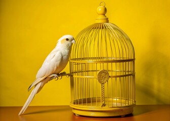 Elegant White Parrot in Antique Birdcage - Vintage Pet Bird Stock Photo