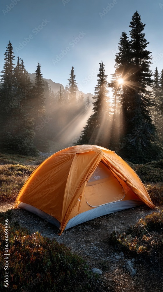 Poster a vibrant orange tent sits in a peaceful clearing surrounded by tall pine trees. sunlight streams th