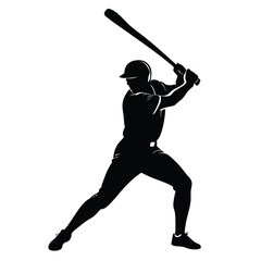 In stark silhouette, a baseball batter preps to swing his long bat powerfully