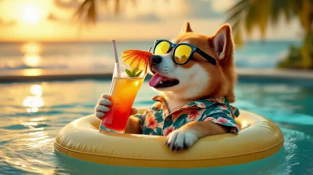 Relaxed corgi enjoys tropical sunset in pool with refreshing cocktail and sunglasses