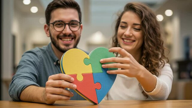 Man and woman holding heart shaped puzzle for autism awareness and love. Autism concept for autistic people support and social inclusion campaign - Powered by Adobe