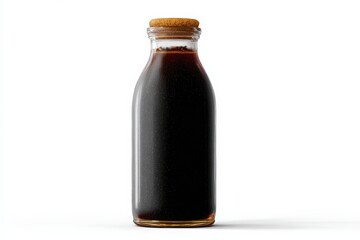Dark liquid in a glass bottle with a cork top.