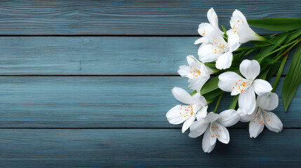 Elegant white alstroemeria flowers are arranged delicately on a rustic blue wooden surface creating a serene and calming visual composition for design elements.
