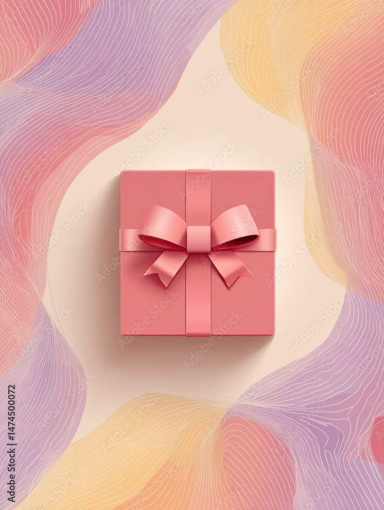Aufkleber Minimalist Gift Box Design on Colorful Abstract Background With Soft Curves and Lines