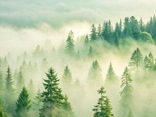 Fototapeta premium Enchanting Misty Fir Forest: Majestic Trees in Foggy Landscape - Stock Photo