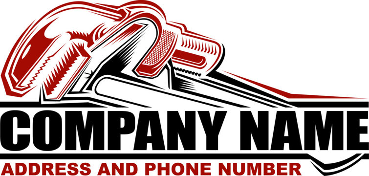 plumbing company logo template with large pipe wrench in two colors for business cards and advertising